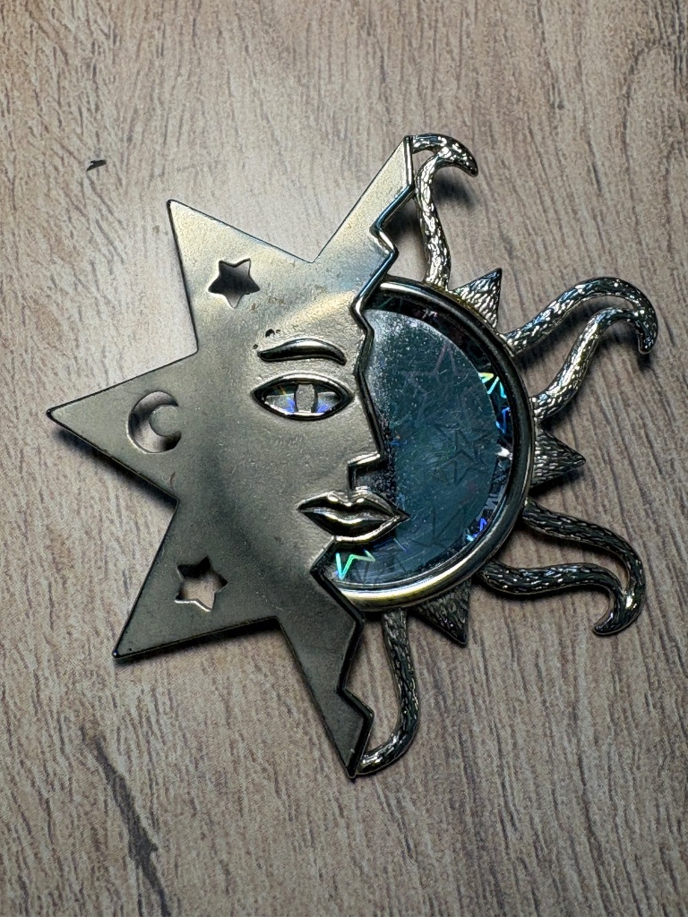 Vintage Signed JJ Holographic Sun & Star Brooch